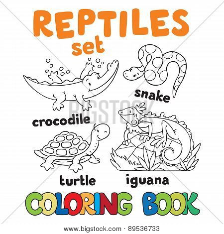 Set of funny reptilies coloring book