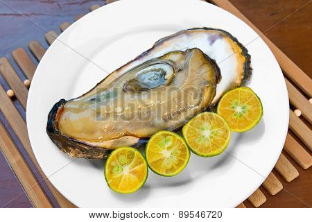 Opened Fresh Oyster In A White Plate With Lime On A Wooden Table