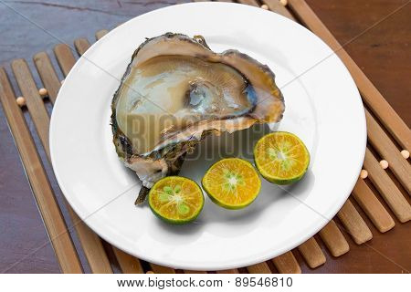 Opened Fresh Oyster In A White Plate With Lime On A Wooden Table