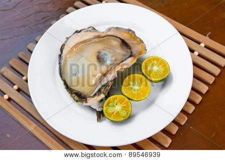 Opened Fresh Oyster In A White Plate With Lime On A Wooden Table