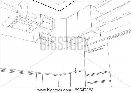 Kitchen vector sketch interior. Illustration created of 3d
