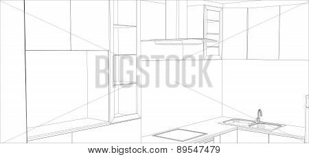Abstract sketch design interior kitchen. Illustration created of 3d