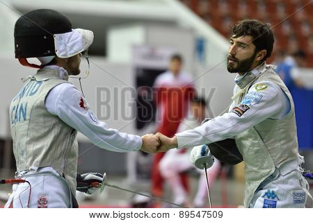 ST. PETERSBURG, RUSSIA - MAY 1, 2015: Francois-Olivier David of Canada vs Giorgio Avola of Italy in International fencing tournament St. Petersburg Foil. The tournament is the stage of FIE World Cup