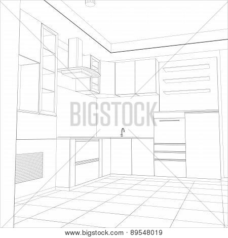 Abstract sketch design interior kitchen. Illustration created of 3d
