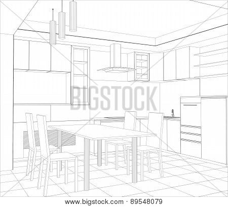 Facade kitchen vector sketch interior. Illustration created of 3d