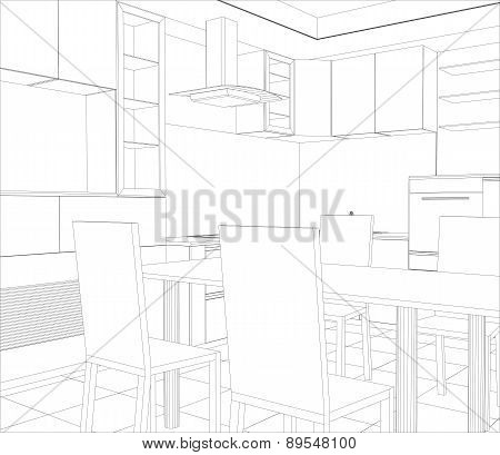 Facade kitchen vector sketch interior. Illustration created of 3d