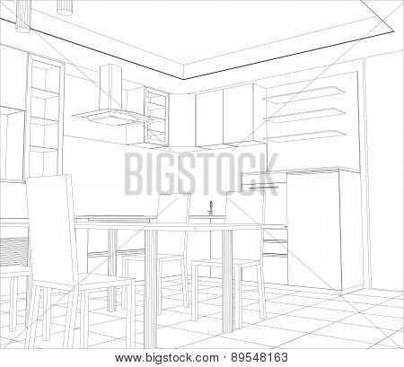 Abstract sketch design interior kitchen. Illustration created of 3d