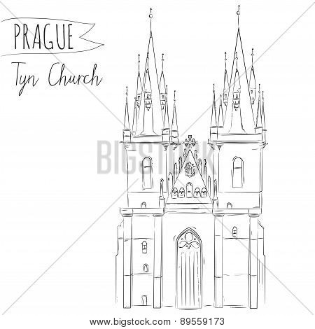 Hand drawn illustration of Tyn Church building in Prague, Czech Republic.