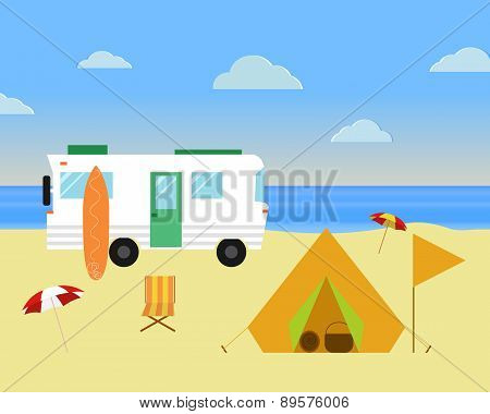 Vintage Camping Concept. Retro Caravan, Motorhome, Rv On The Beach, Summer Vacation, And Holiday. Fl