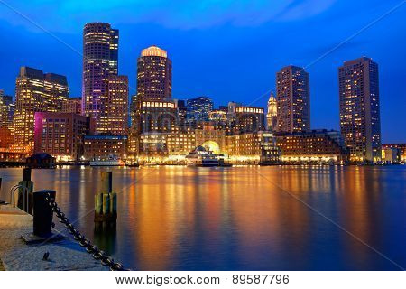Boston sunset skyline from Fan Pier in Massachusetts USA