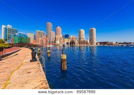 Boston skyline from Fan Pier at sunlight in Massachusetts USA