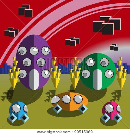 Alien fantastic cartoon landscape, game space background.