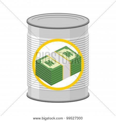 Money In A Tin. Canned Cash. Dollars For Hereafter. Vector Illustration