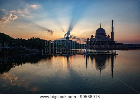 Beautiful view of Putra Mosque during sunrise in Putrajaya, Malaysia