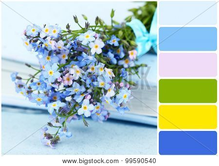 Forget-me-nots flowers on book and palette of colors