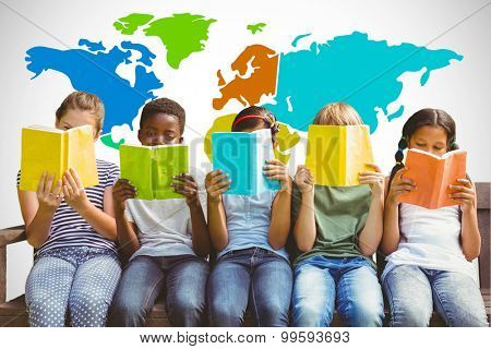 Children reading books at park against white background with vignette