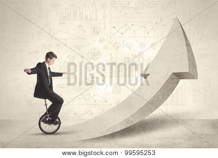 Happy business man riding a monocycle up on an arrow concept