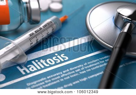 Halitosis. Medical Concept on Blue Background.