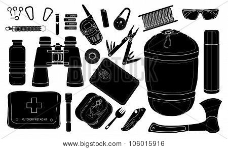 Set of survival camping equipment. Silhouettes