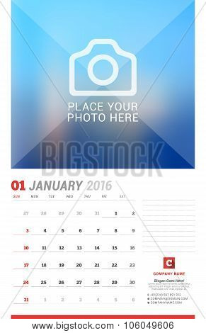 Wall Calendar Planner For 2016 Year. Vector Design Print Template With Place For Photo, Notes And Co