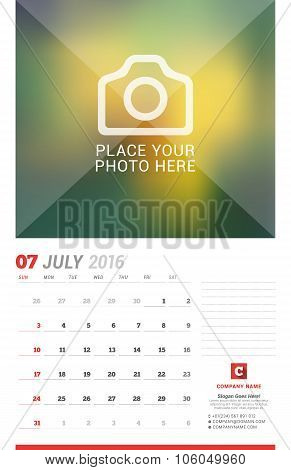 Wall Calendar Planner For 2016 Year. Vector Design Print Template With Place For Photo, Notes And Co