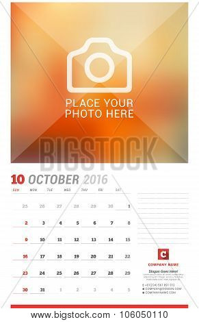 Wall Calendar Planner For 2016 Year. Vector Design Print Template With Place For Photo, Notes And Co
