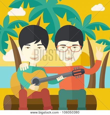 Two happy asian men sitting on a log playing a guitar at the beach under palm trees vector flat design illustration. Square layout.