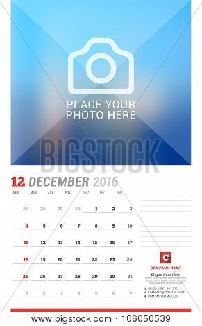 Wall Calendar Planner For 2016 Year. Vector Design Print Template With Place For Photo, Notes And Co