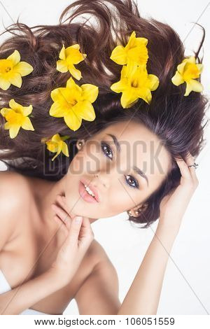 Woman With Narcis Flowers In Hair
