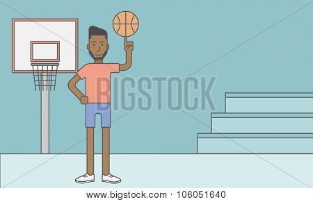 An african-american basketball player spinning the ball on his finger. Vector line design illustration. Horizontal layout with a text space for a social media post.
