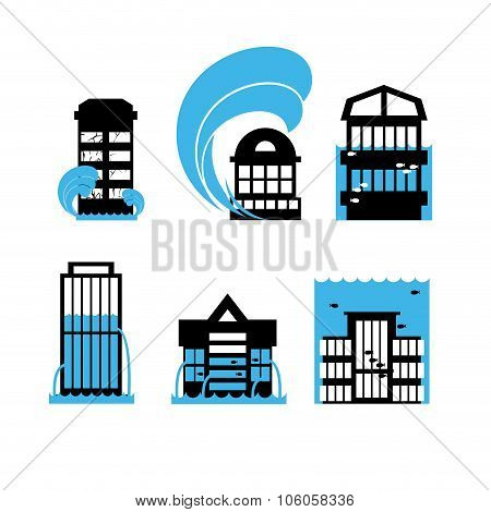 Flood And Tsunami Icons Set Houses. Flooding Of Buildings. Public Structures In Water. Flooded Skysc