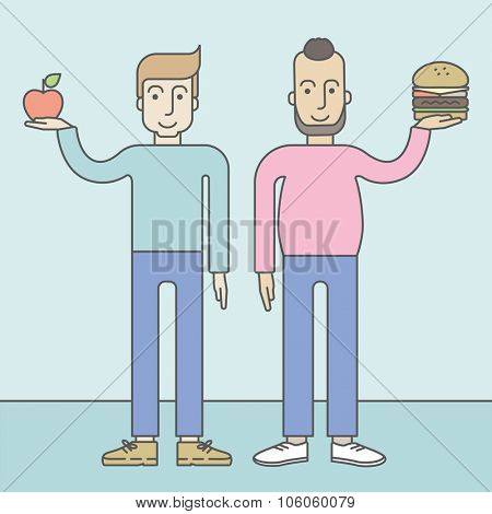 Thick hipster man with beard standing with hamburger while slim caucasian man standing with apple, symbolizing choise between healthy and unhealthy food. Vector line design illustration. Lifestyle
