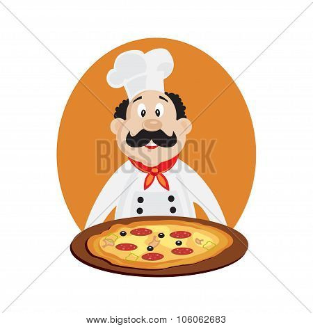 Vector illustration of funny chef with pizza. Vector illustration isolated.