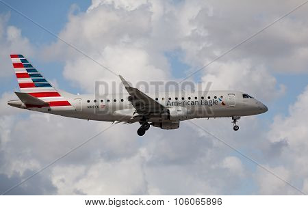 MIAMI, USA - November 1, 2015: Embraer 175 of American Eagle Airlines landing at Miami International