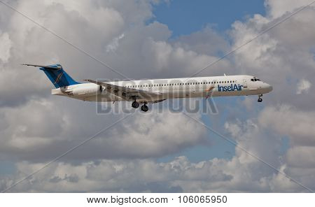 MIAMI, USA - November 1, 2015: Insel Air MD80 landing at Miami International Airport.