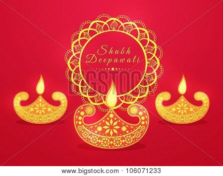Floral design decorated illuminated lit lamps on glossy background for Indian Festival of Lights, Happy Diwali celebration.