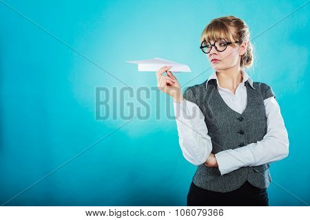 Fly Fear. Woman Holding Airplane In Hand.