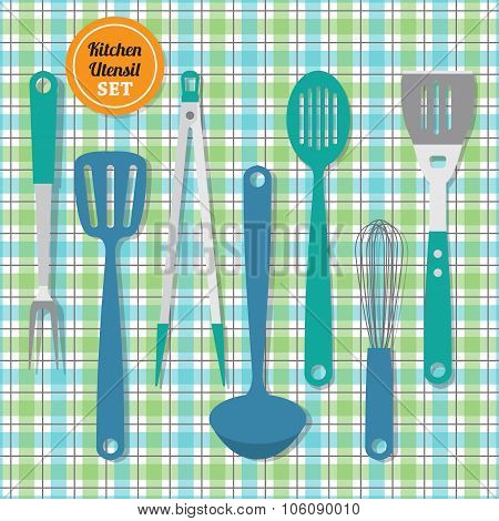 Kitchen utensils set icons on blue and green plaid pattern background