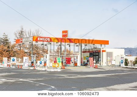 NAGANO JAPAN - FEB 15: ENEOS petrol station in Nagano Japan on February 15, 2015. ENEOS is a brand name of Nippon Oil established in 1888.