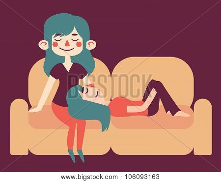 Girls Couple Relaxing On Sofa