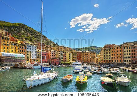 Camogli Marina Harbor, Boats And Typical Colorful Houses. Ligury, Italy