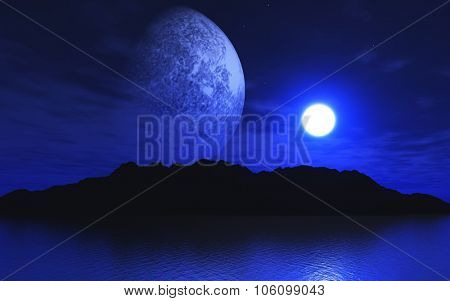 3D landscape with planets and moon over water