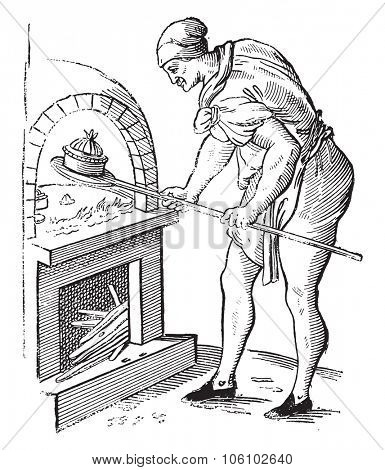 A pastry chef in 1589, vintage engraved illustration. Magasin Pittoresque 1882.