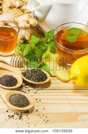 Tea With Mint Honey Ginger And Lemon On Wood Background,warm Toning, Selective Focus