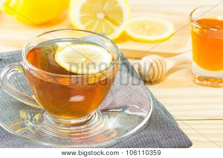 Tea With  Honey  And Lemon On Wood Background,warm Toning, Selective Focus