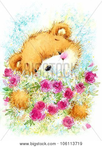 cute toy teddy bear and Birthday card background.