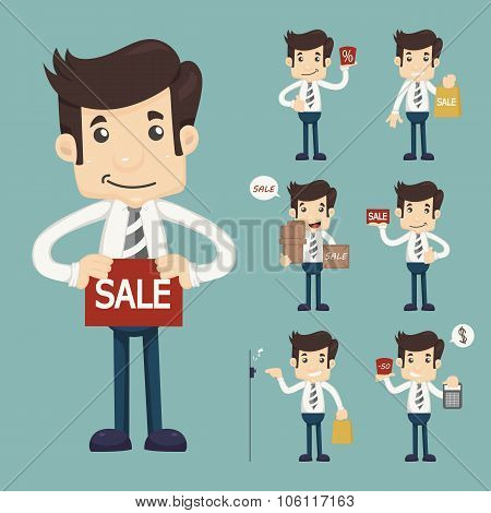 Set Of Youg Sale Man At Market Shopping Store