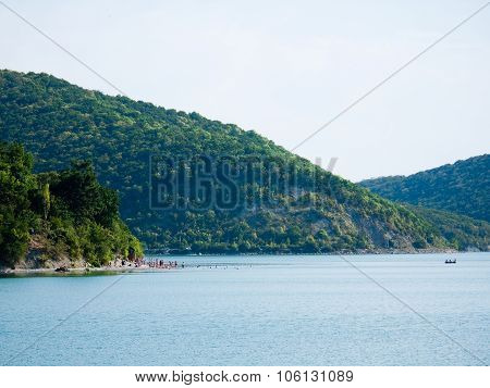 Blue Lake between mountains in Abrau-Durso