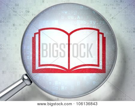 Studying concept: Book with optical glass on digital background