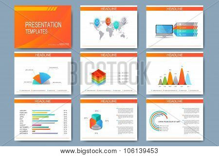 Set of vector templates for presentation slides. Modern business design with graph and charts